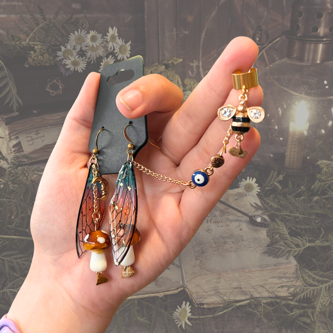 Evening Fungus Fairy Wing Cuff Earring Set