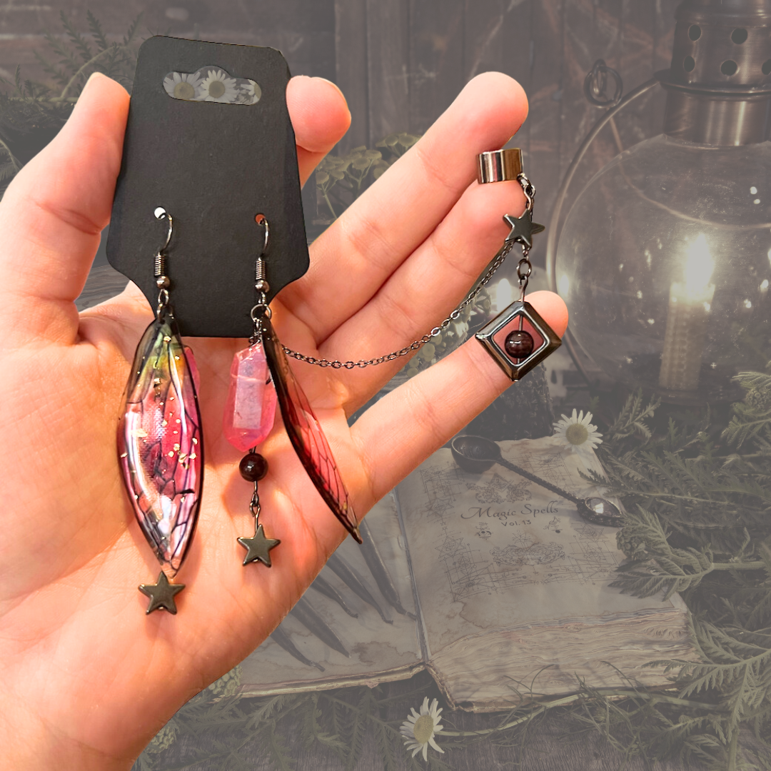 Black and Pink Fairy Wing Cuff Earring Set