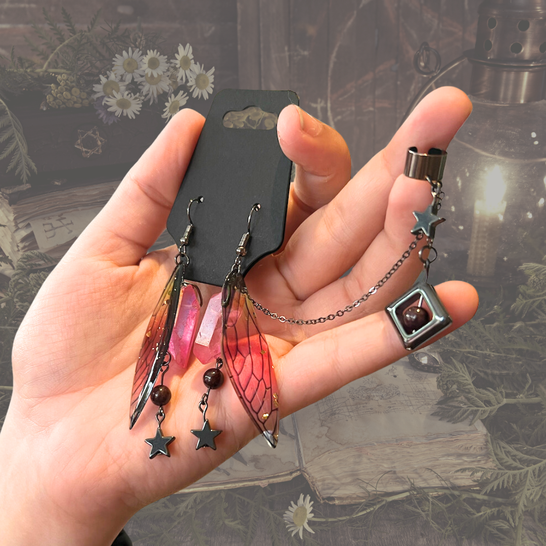 Black and Pink Fairy Wing Cuff Earring Set