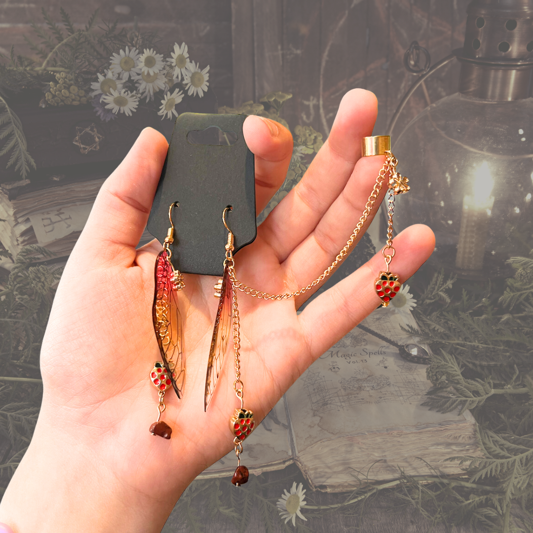 Strawberry Fairy Wing Cuff Earring Set